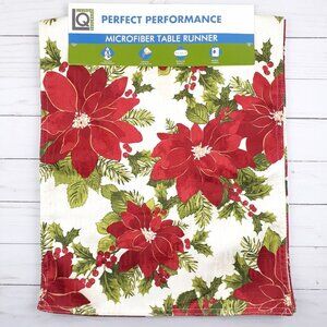 Holiday Table Runner 14x70 Christmas Red Poinsettia Flowers Microfiber